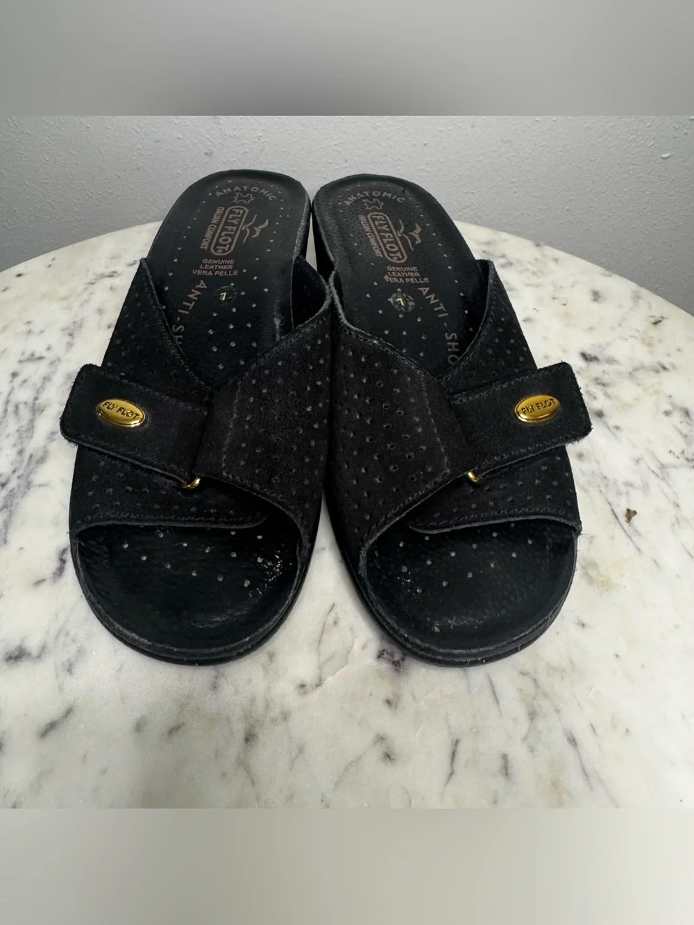 Fly Flot Italian Comfort Sandals Size 7 US/ 37 Euro black wedges Suede shoes